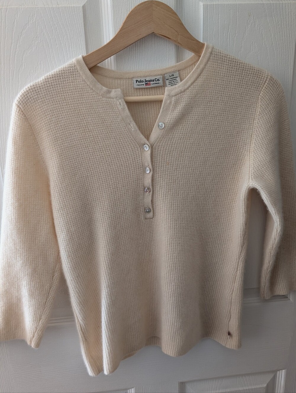 Polo Jeans Co. Soft Cashmere Cream Henley Waffle-Knit Sweater - Quiet Luxury ✨